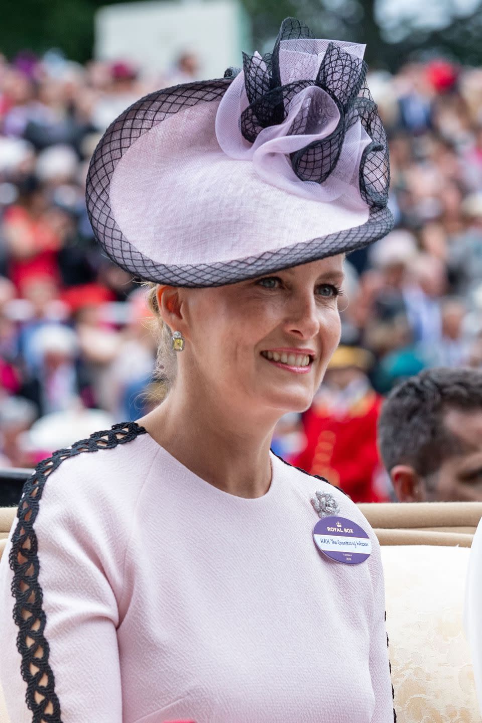 <p>Sophie, Countess of Wessex looked elegant in a light purple with black mesh detailing.</p>