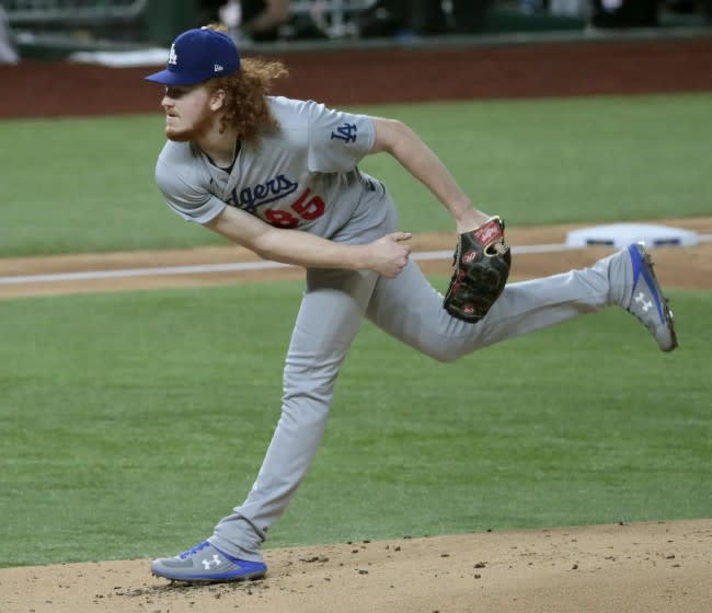 Arlington, Texas, Friday, October 16, 2020. Los Angeles Dodgers starting pitcher Dustin May.