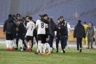 Players of Ulsan Hyundai react after team was defeated by Yokohama F. Marinos during the second leg of the AFC Champions League semifinal soccer match between Yokohama F. Marinos and Ulsan Hyundai in Yokohama, south of Tokyo, Wednesday, April 24, 2024. (AP Photo/Shuji Kajiyama)