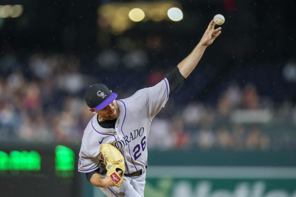 Colorado Rockies starting pitcher Austin Gomber throws during the first inning of the team's baseball game against the Washington Nationals at Nationals Park, Tuesday, July 25, 2023, in Washington. (AP Photo/Alex Brandon)