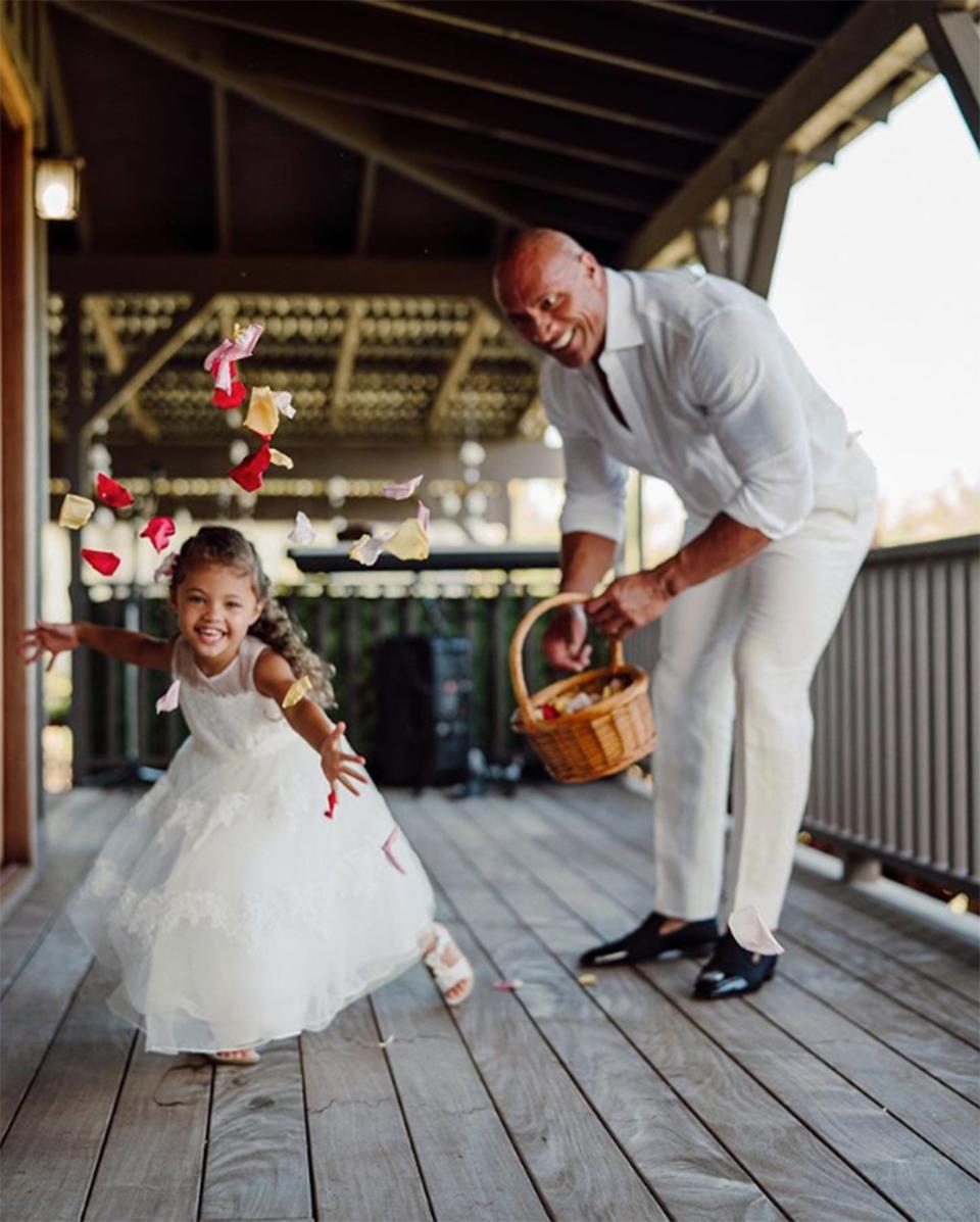 In this photo, Jasmine and her father <a href="https://www.instagram.com/p/B1p6OLgJuyU/" rel="nofollow noopener" target="_blank" data-ylk="slk:threw flower petals toward the camera;elm:context_link;itc:0;sec:content-canvas" class="link ">threw flower petals toward the camera</a> with the biggest grins on their faces. “My ❤️,” the actor <a href="https://www.instagram.com/p/B1p6OLgJuyU/" rel="nofollow noopener" target="_blank" data-ylk="slk:commented on the photo;elm:context_link;itc:0;sec:content-canvas" class="link ">commented on the photo</a>, which was shared by Hashian on her Instagram account. <a href="https://www.instagram.com/p/B19MtSPlpl9/" rel="nofollow noopener" target="_blank" data-ylk="slk:He later shared the photo, too, writing;elm:context_link;itc:0;sec:content-canvas" class="link ">He later shared the photo, too, writing</a>, "Wedding day flower girl 🌺 is a big responsibility and one that Jazzy took very serious. In the few minutes before the ceremony we took to practice, I quickly realized she was determined to not gently lay the flowers, but rather intensely throw the flowers with ruthless aggression ~ and a wicked smile. Hell. Yeah. That’s my daughter!"