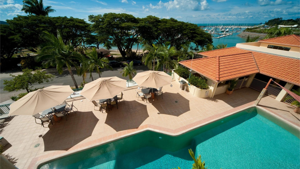 An aerial view of the Shingley Beach Resort at Airlie Beach.