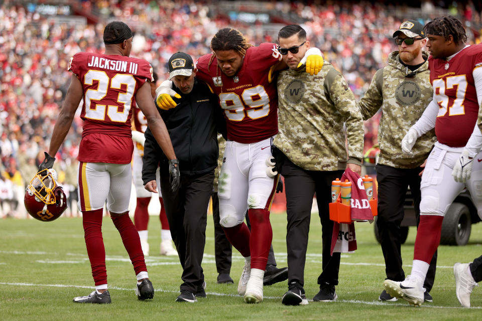 Chase Young left Washington's win over Tampa Bay with an injury. (Photo by Patrick Smith/Getty Images)