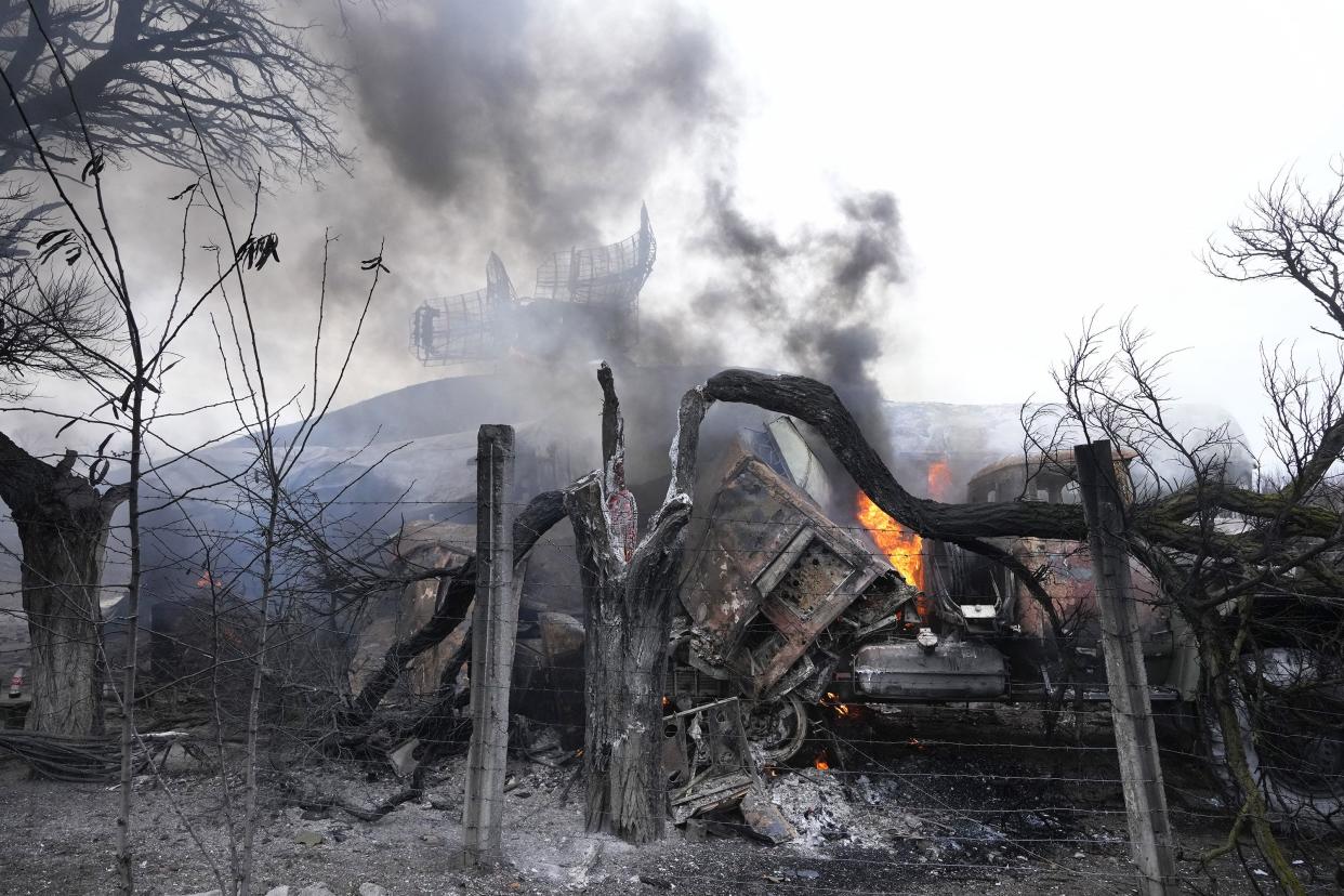 Damaged radar arrays and other equipment is seen at a Ukrainian military facility outside Mariupol, Ukraine, Thursday, Feb. 24, 2022. Russia has launched a barrage of air and missile strikes on Ukraine early Thursday and Ukrainian officials said that Russian troops have rolled into the country from the north, east and south.