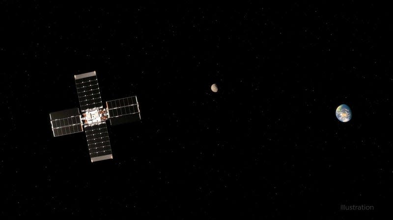 An illustration of NASA’s Lunar Flashlight carrying out a trajectory correction maneuver with the Moon and Earth in the background.