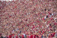 Indiana fans pack the stadium for the kickoff of an NCAA college football game against Idaho, Saturday, Sept. 11, 2021, in Bloomington, Ind. (AP Photo/Doug McSchooler)