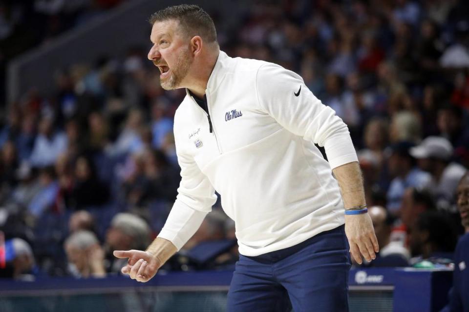 Mississippi Rebels head coach Chris Beard reacts during the first half against the Arkansas Razorbacks at The Sandy and John Black Pavilion at Ole Miss on Jan. 24, 2024 in Oxford, Miss. (Petre Thomas-USA TODAY Sports) Petre Thomas/USA TODAY NETWORK