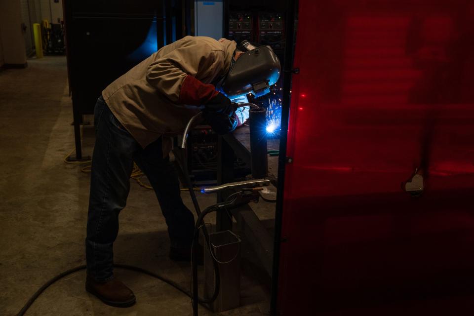 Welding student Darryl Hurt works on a project at Del Mar College's Windward Campus shop on Nov. 17, 2022, in Corpus Christi.