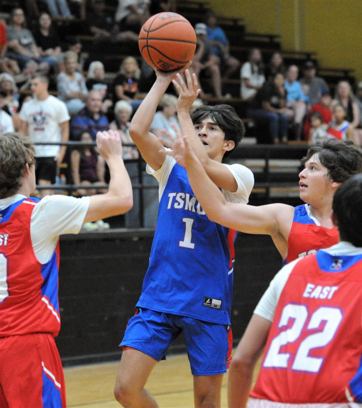 Springlake-Earth's Evan DeLeon shoots the ball during the Six Man Coaches Association Boys All-Star game at Rider on Saturday, July 16, 2022.