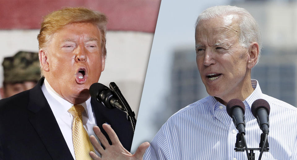 President Trump and former Vice President Joe Biden. (Photo illustration: Yahoo News; photos: Eugene Hoshiko/AP, Matt Rourke/AP)