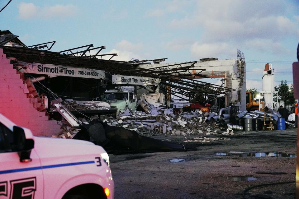 Damage is seen to the Sinnott Tree Service building in McCook, Ill., Wednesday, July 12, 2023. A tornado touched down Wednesday evening near Chicago’s O’Hare International Airport, prompting passengers to take shelter and disrupting hundreds of flights. There were no immediate reports of injuries. . (AP Photo/Nam Y. Huh)