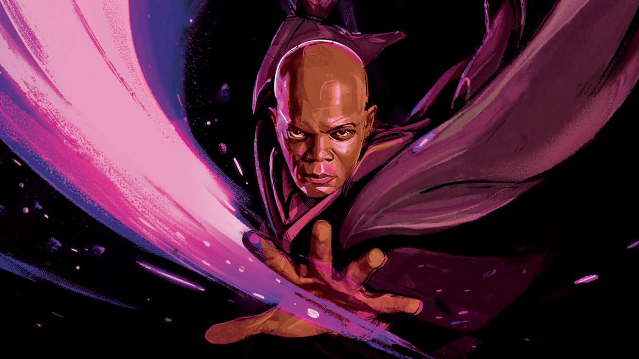  Illustration of a bald man in a flowing purple robe staring menacingly . 