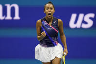 Leylah Fernandez, of Canada, reacts after scoring a point against Aryna Sabalenka,of Belarus, during the semifinals of the US Open tennis championships, Thursday, Sept. 9, 2021, in New York. (AP Photo/Seth Wenig)