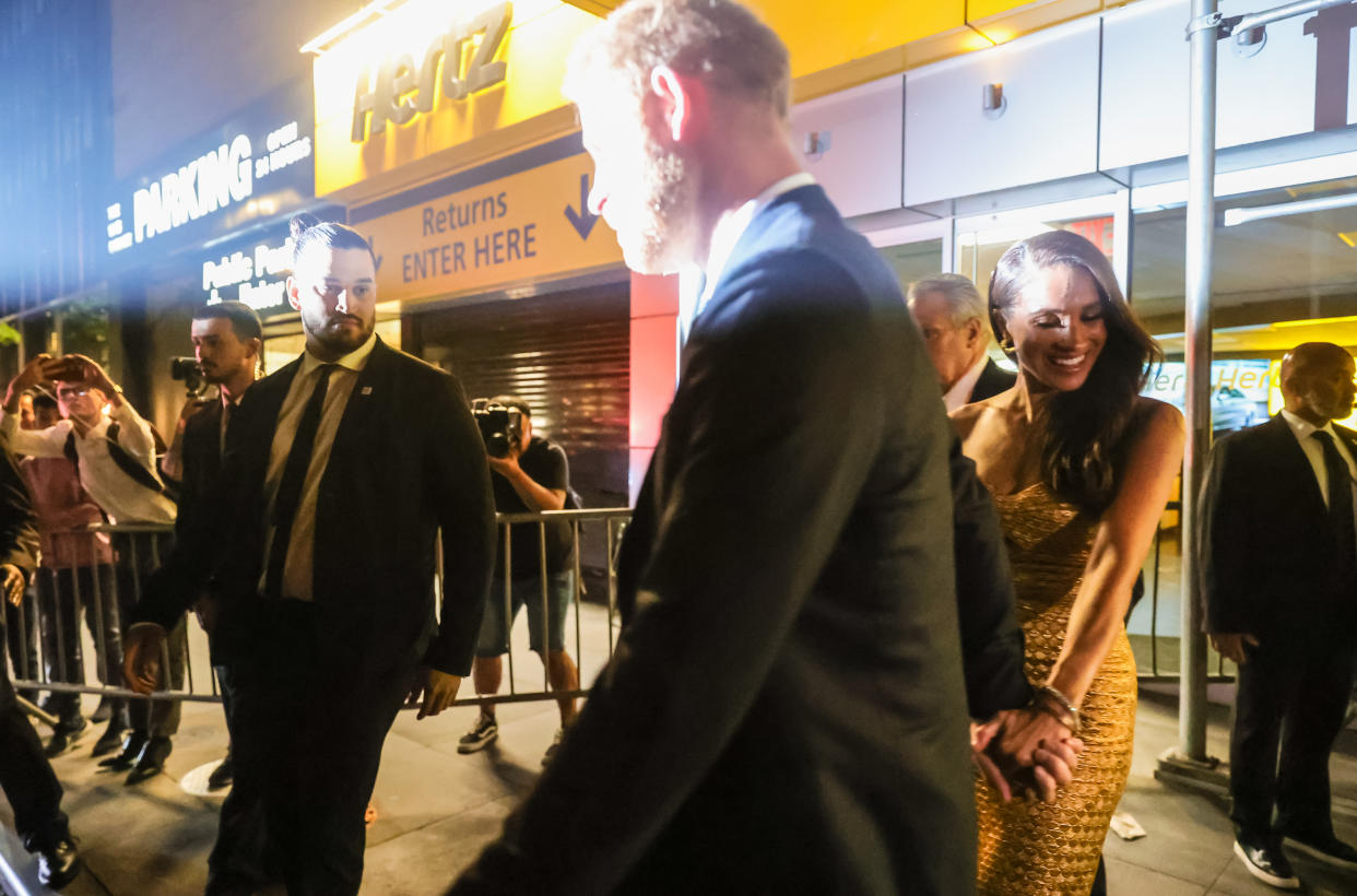 NEW YORK, UNITED STATES - MAY 16: Duchess of Sussex Meghan Markle and Duke of Sussex Prince Harry attend the ceremony, which benefits the Ms. Foundation for Women and feminist movements, in New York, United States on May 16, 2023. Meghan Markle who wears a gold dress for Women of Vision Gala receives 2023 Women of Vision award from Gloria Steinem at Ziegfeld Ballroom on Tuesday night in New York City. (Photo by Selcuk Acar/Anadolu Agency via Getty Images)