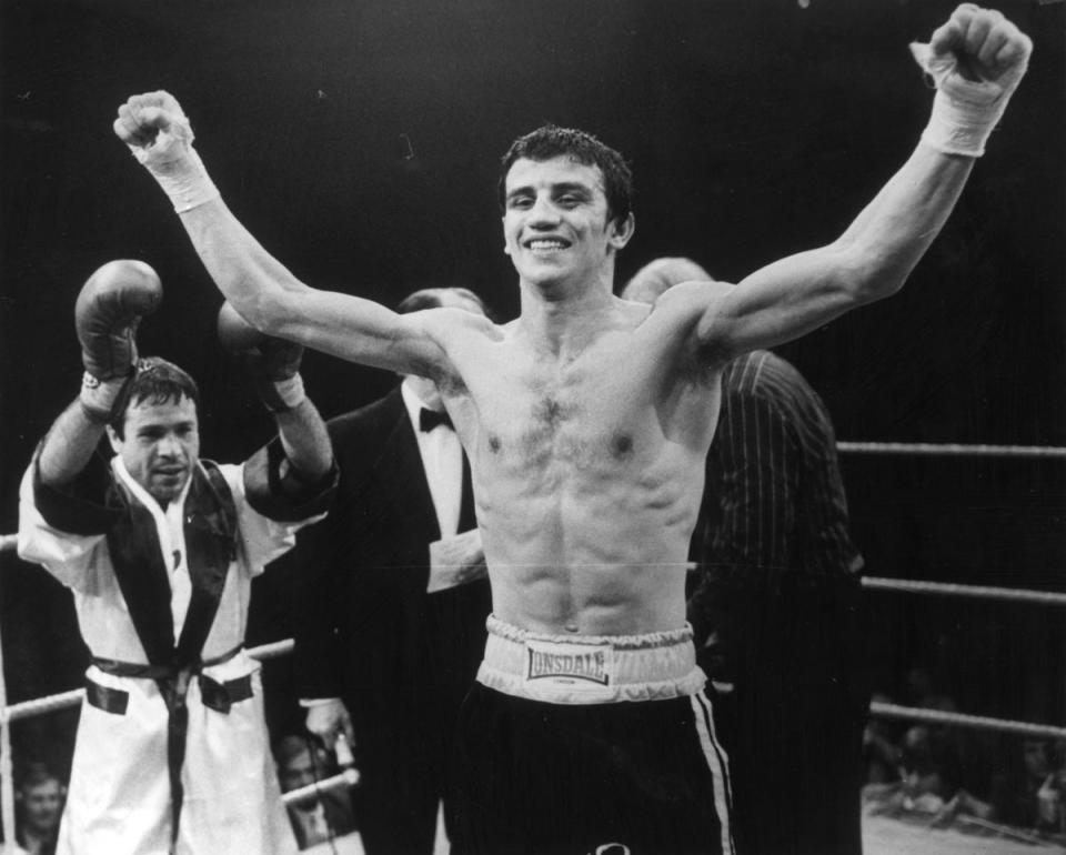 Charlie Magri celebrates his winning of the European flyweight title at Wembley Empire Pool in 1979 (Getty Images)