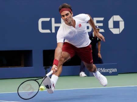 Sept 1, 2018; New York, NY, USA; Roger Federer of Switzerland hits to Nick Kyrgios of Australia in a third round match on day six of the 2018 U.S. Open tennis tournament at USTA Billie Jean King National Tennis Center. Mandatory Credit: Robert Deutsch-USA TODAY Sports