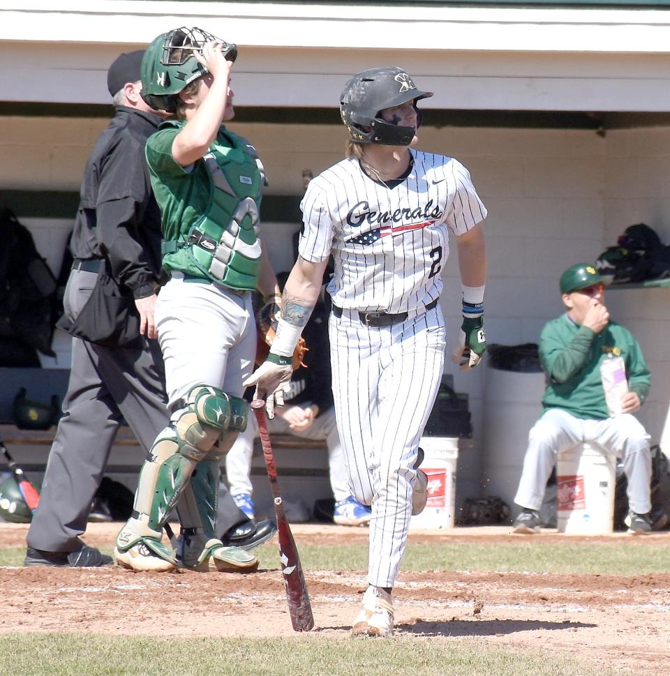Herkimer College General Dakota Britt (2) drops his bat as he watches one of the four home runs he hit against Columbia-Greene Community College during an April 12 doubleheader at Veterans Memorial Park.