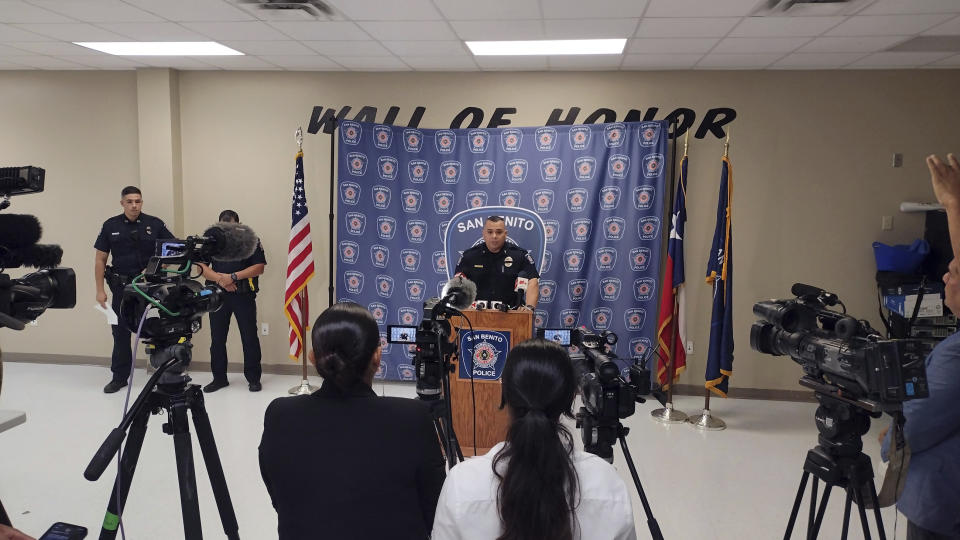 San Benito, Texas Chief of Police Mario Parea answers questions during a press conference Wednesday, Oct. 18, 2023, over the fatal shooting of San Benito Police Officer Lt. Milton Resendez who served 27 years at the San Benito Police Department, in San Benito, Texas. Officer Resendez was fatally shot after he joined an hourslong pursuit of two men who fled a traffic stop and led officers on a chase through several cities before they were arrested, authorities said. (Miguel Roberts/The Brownsville Herald via AP)