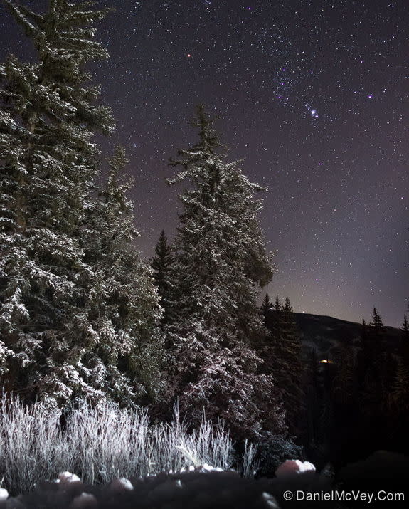 Astrophotographer Daniel McVey sent in this photo of Orion taken in Colorado, Dec. 11, 2012. He writes: "Snow covered trees and Orion high in the sky are sure signs that winter has arrived in Summit County, Colorado." This scene is actually com