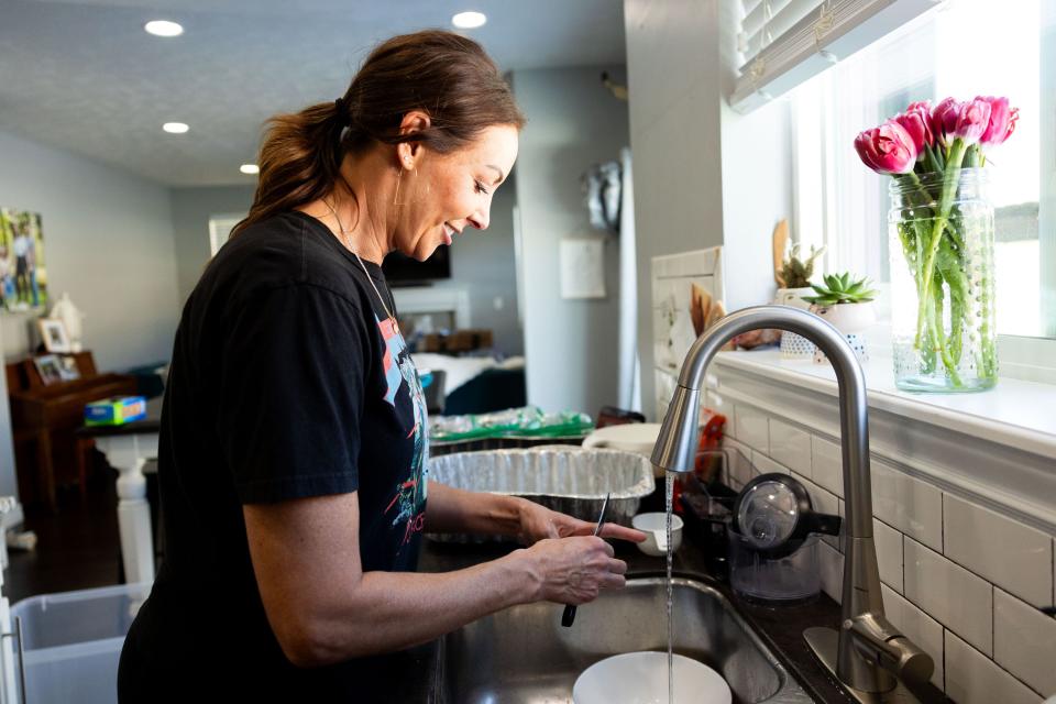 Jessica Lowe, founder of Be a Little Too Kind, prepares shrimp to make 100 plus portions of jambalaya at her home in Draper on Wednesday, Jan. 31, 2024. Be a Little Too Kind is a nonprofit organization focused on assisting homeless people by providing a homemade meal every week and other essential life sustaining items. | Megan Nielsen, Deseret News