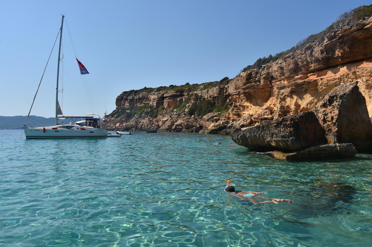 IBIZA, SPAIN - JULY 31: A general view of the waters around Illa de Tagomago on July 31, 2020 in Ibiza, Spain. (Photo by Stephane Cardinale - Corbis/Corbis via Getty Images)
