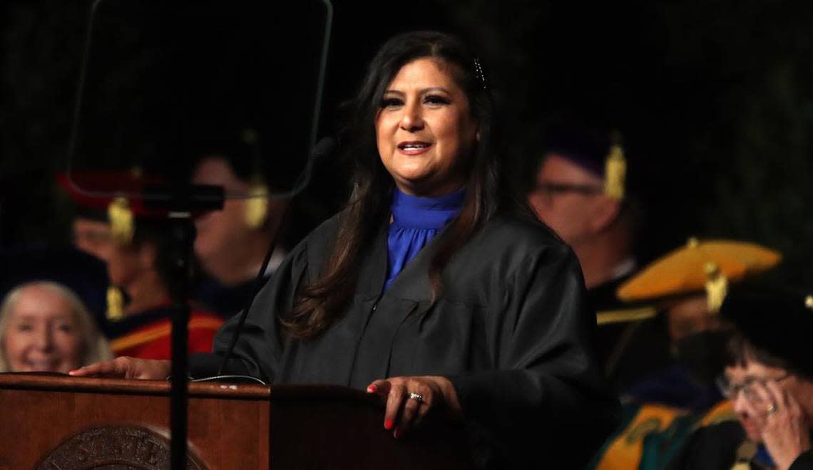 Fresno State Staff Assembly president Belinda Muñoz speaks during the investiture ceremony for Fresno State president Saúl Jiménez-Sandoval at the Save Mart Center on Sept. 9, 2022.