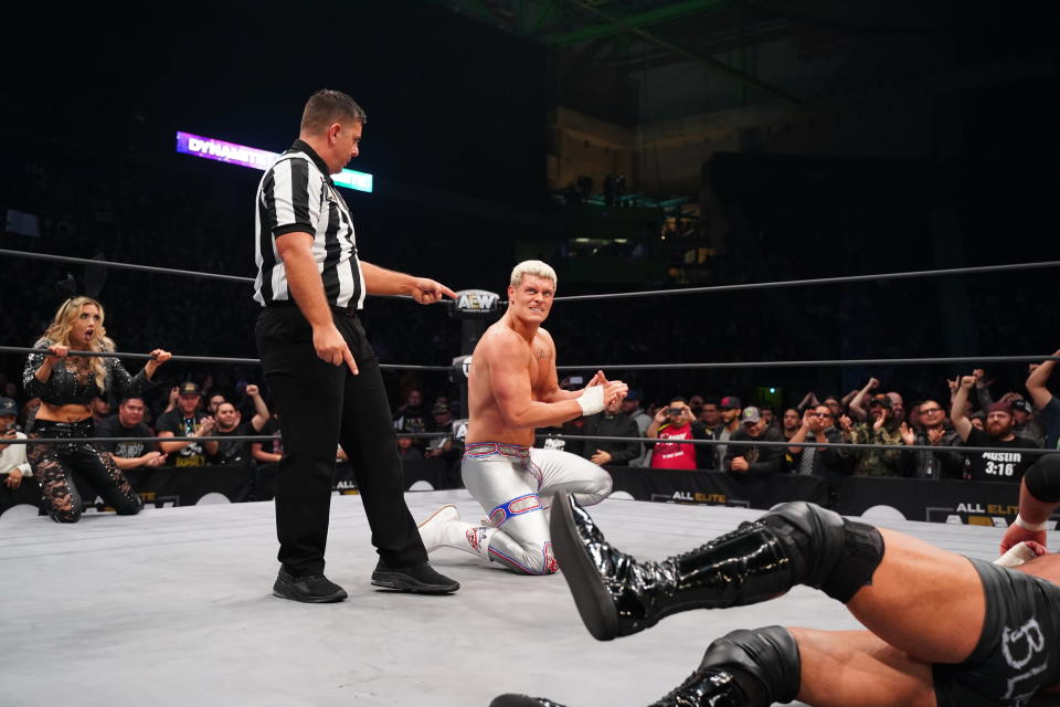 Cody Rhodes celebrates after winning a tag team match on "Dynamite." (Photo credit: All Elite Wrestling)