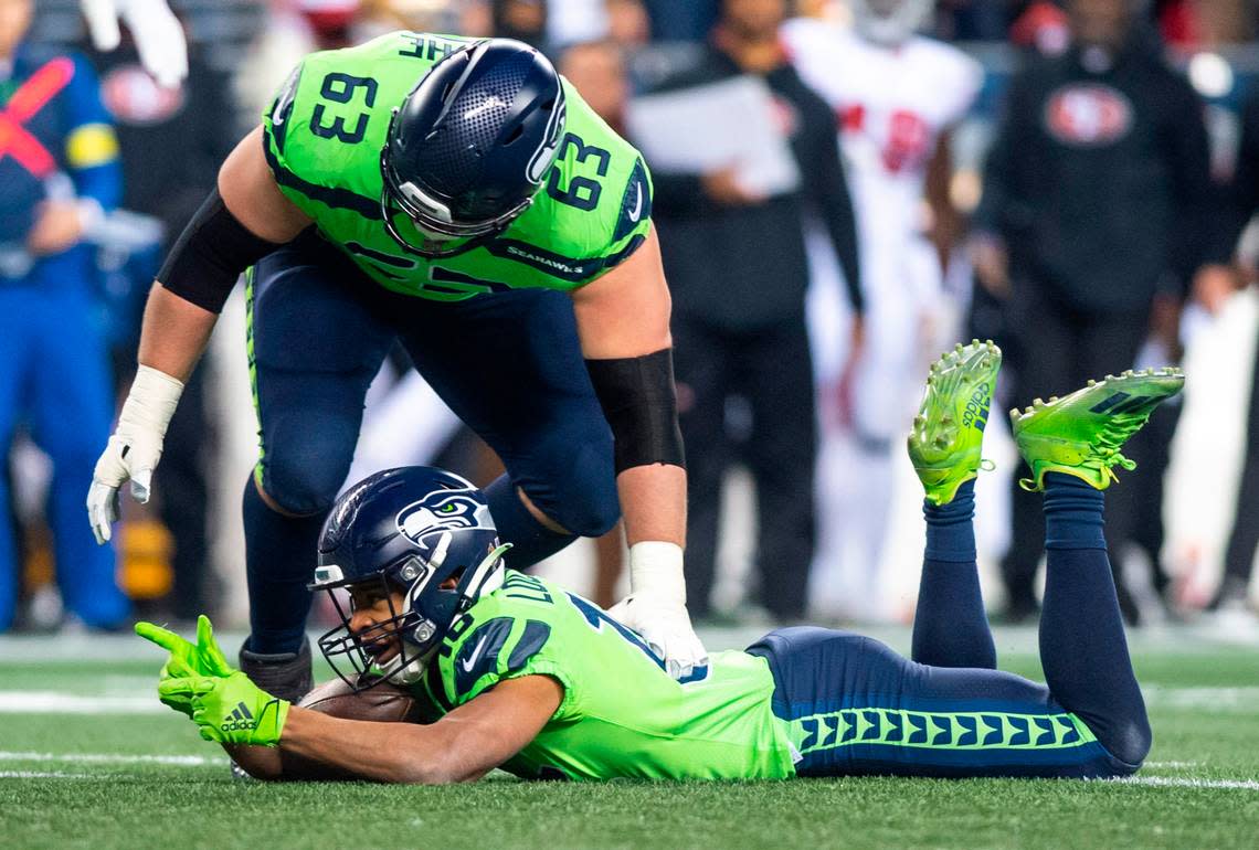 Seattle Seahawks wide receiver Tyler Lockett (16) celebrates after catching a pass in the third quarter of an NFL game against the San Francisco 49ers at Lumen Field in Seattle Wash. on Dec. 15, 2022.