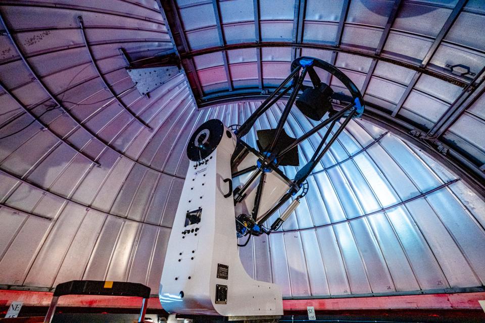 The Frosty Drew Observatory & Sky Theatre's 24-inch PlaneWave CDK600 telescope, seen in April 2022, which has provided images of galaxies more than 55 million and 80 million light years away from Earth.