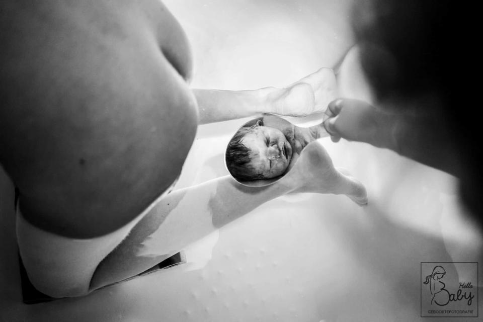 Newborn baby held by caregiver's hands in a bonding moment post-birth