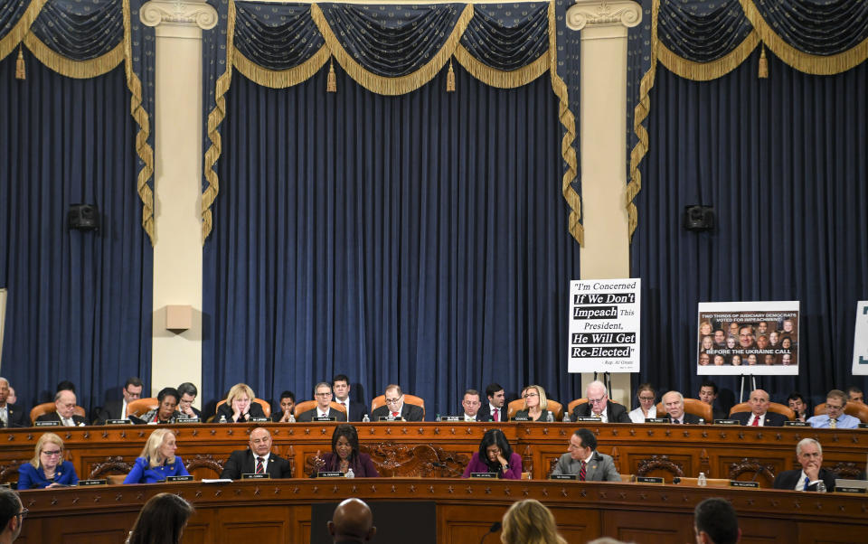 The committee at work late into the evening at a House Judiciary Committee markup of the articles of impeachment against President Donald Trump, on Capitol Hill in Washington, Thursday, Dec. 12, 2019. House Judiciary Committee Chairman Rep. Jerrold Nadler, D-N.Y., announced a recess and that votes would occur on Friday morning. (Jonathan Newton/The Washington Post via AP, Pool)