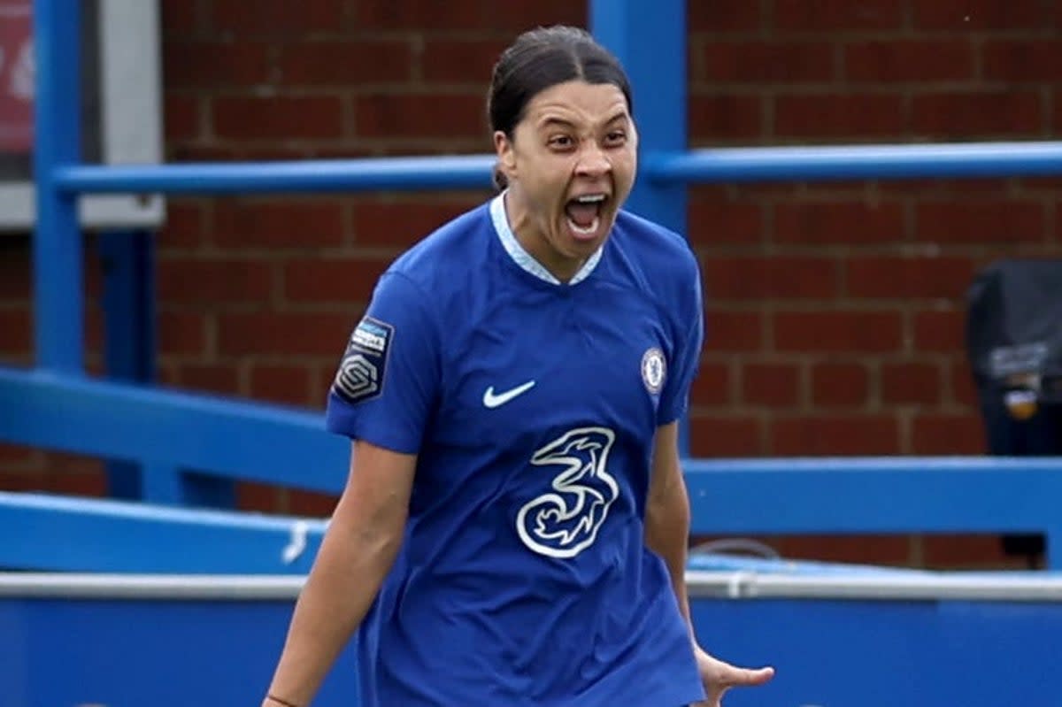 Sam Kerr celebrates scoring her goal against Manchester United (Steven Paston/PA) (PA Wire)