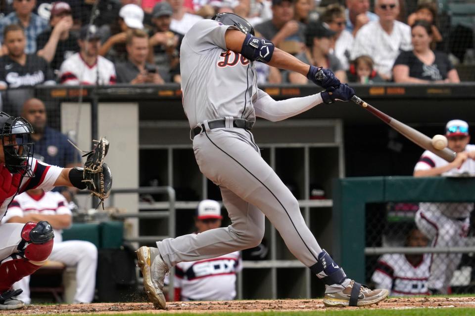 Tigers' Riley Greene hits a single during the third inning Aug. 14, 2022 against the White Sox in Chicago.