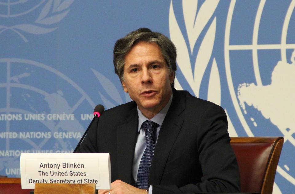 A photo of Antony Blinken speaking at the United Nations.