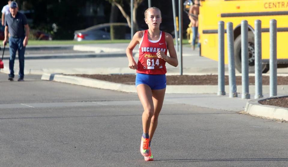 Buchanan High freshman Molly Sundgren finished first in 11:17.74 the freshman girls race of the Kingsburg 2 Mile cross country meet at Kingsburg High on Sept. 9, 2023.