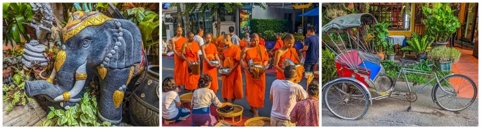 Ein buddhistischer Schrein, darunter ein Elefant;  Mönche in orangefarbenen Gewändern;  eine Rikscha