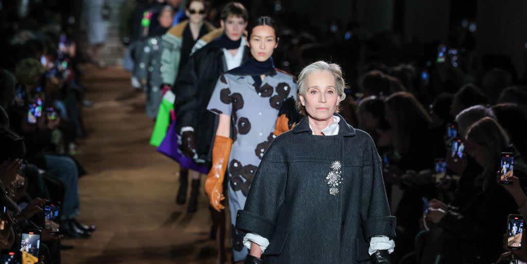 paris, france march 05 editorial use only for non editorial use please seek approval from fashion house kristin scott thomas walks the runway during the finale of the miu miu womenswear fallwinter 2024 2025 show as part of paris fashion week on march 05, 2024 in paris, france photo by victor boykogetty images