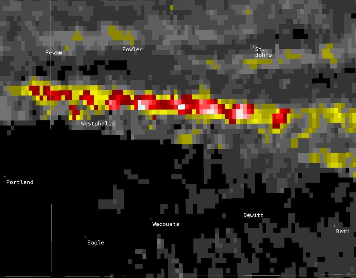 A radar shows the rotation track of Monday night's storm in Clinton County.