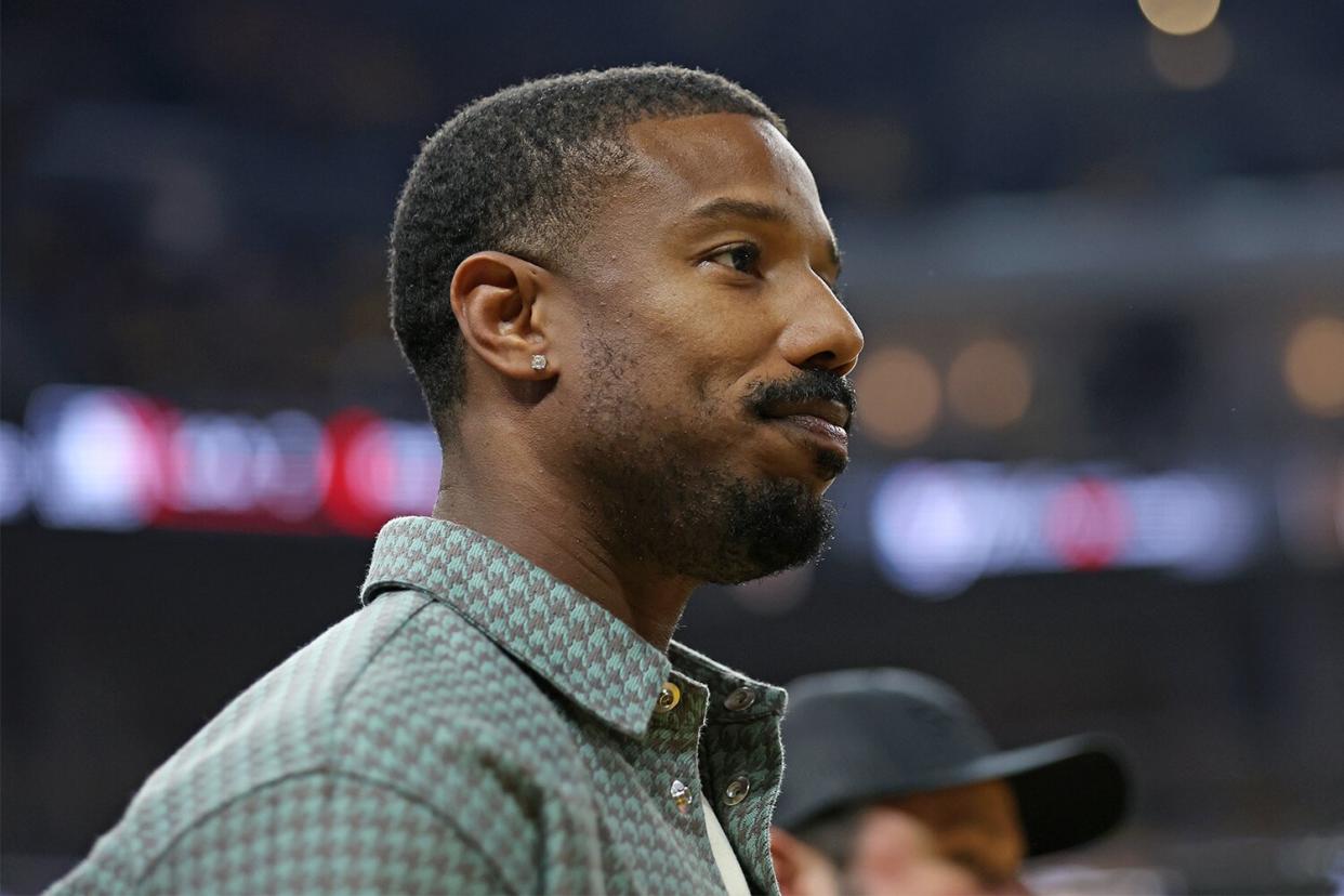 Michael B. Jordan watches during the first half of Game 2 of basketball's NBA Finals between the Golden State Warriors and the Boston Celtics in San Francisco, Sunday, June 5, 2022.