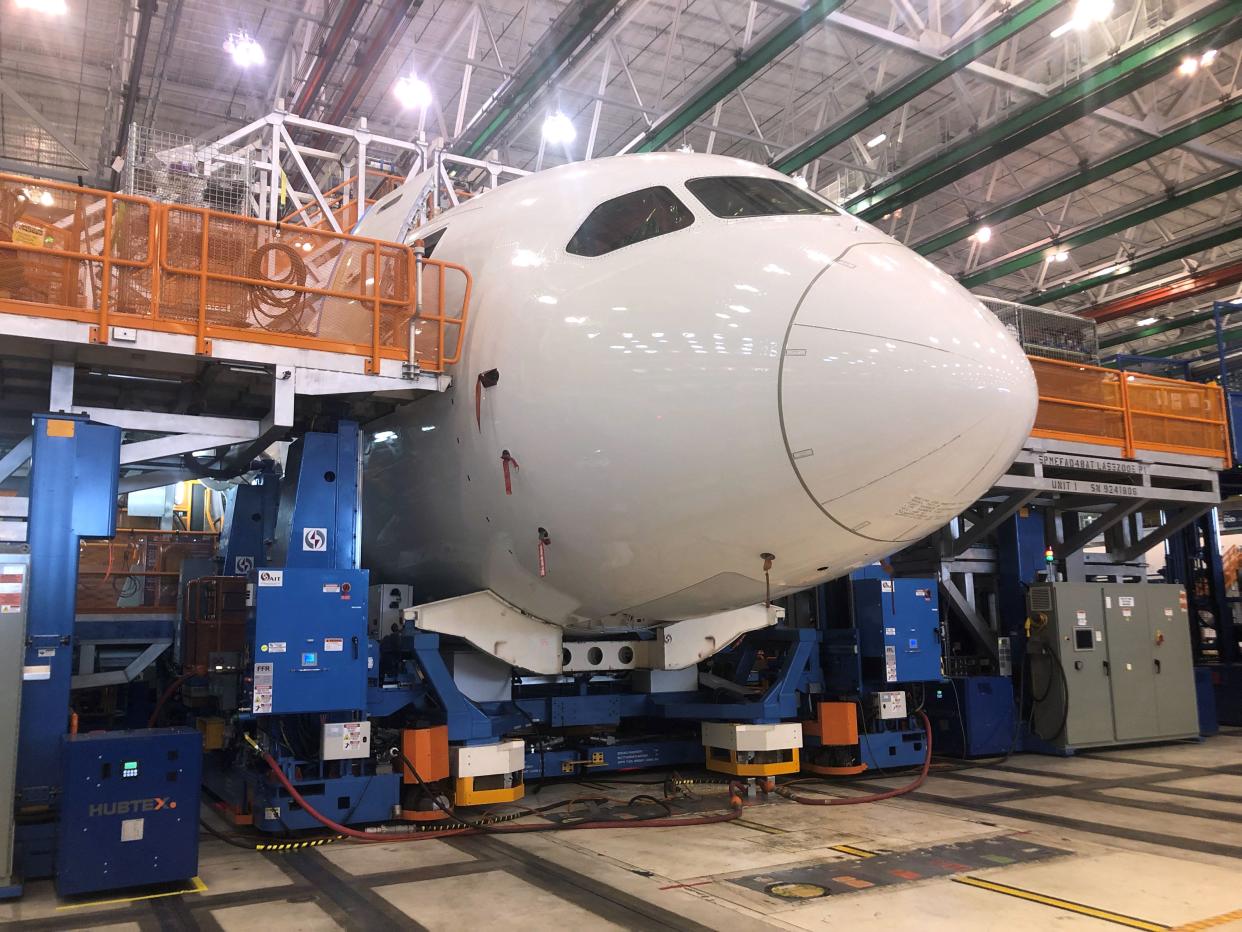 Boeing 787 Dreamliners are built at the aviation company's North Charleston, South Carolina, assembly plant on May 30, 2023.