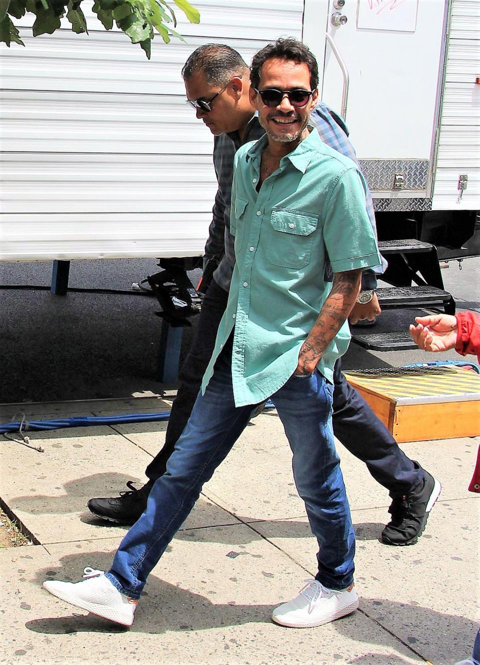 Marc Anthony makes his way to the New York City set of <em>In the Heights</em> on Friday.