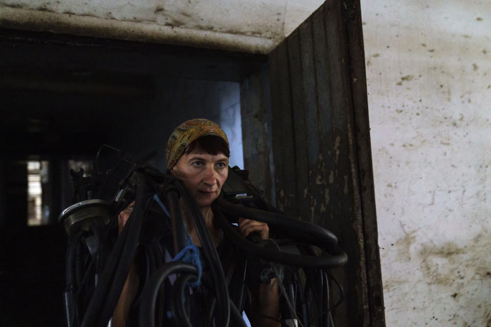 Halyna Borysenko carries vacuum pumps to begin milking cows at the KramAgroSvit dairy farm in Dmytrivka, Donetsk region, eastern Ukraine, Wednesday, Aug. 10, 2022. The farm is producing only two tons of milk per day now, compared to 11 tons before the war, and it's slaughtered and sold all of the pigs and rabbits that it once raised. (AP Photo/David Goldman)