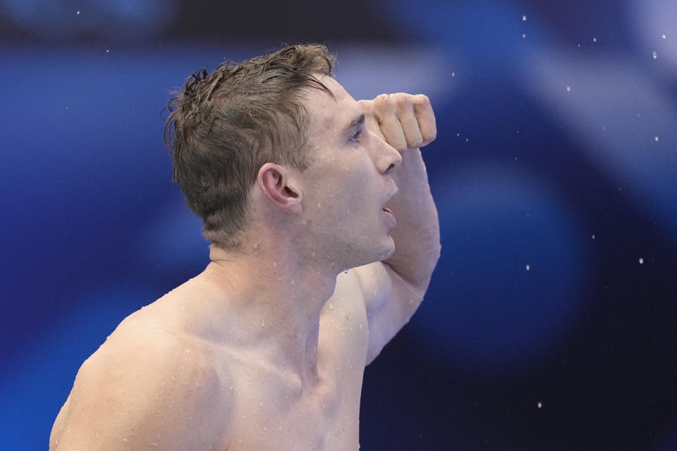 Ryan Murphy of the United States reacts after the Men's 100m backstroke finals at the World Swimming Championships in Fukuoka, Japan, Tuesday, July 25, 2023. (AP Photo/Eugene Hoshiko)