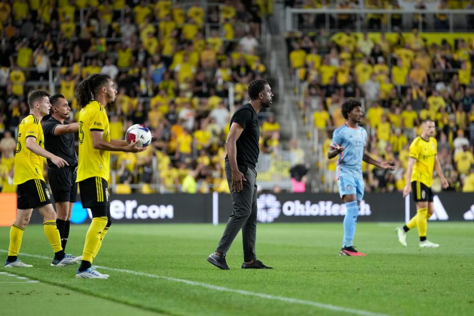 Jul 8, 2023; Columbus, Ohio, USA;  Columbus Crew head coach Wilfried Nancy steps out on the pitch to argue the lack of a foul call during the second half of the MLS soccer match against the New York City FC at Lower.com Field. Nancy was given a red card for his outburst. The Crew tied 1-1.