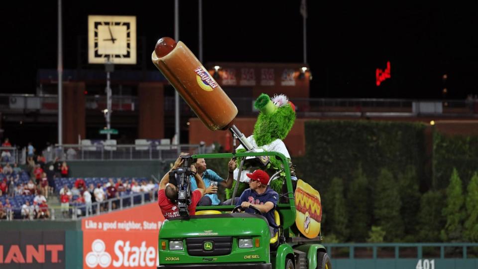 PHOTO: The Phillie Phanatic shoots Hatfield hot dogs into the crowd during a game at Citizens Bank Park Philadelphia, PA, Sep. 15, 2021. (Hunter Martin/Getty Images)