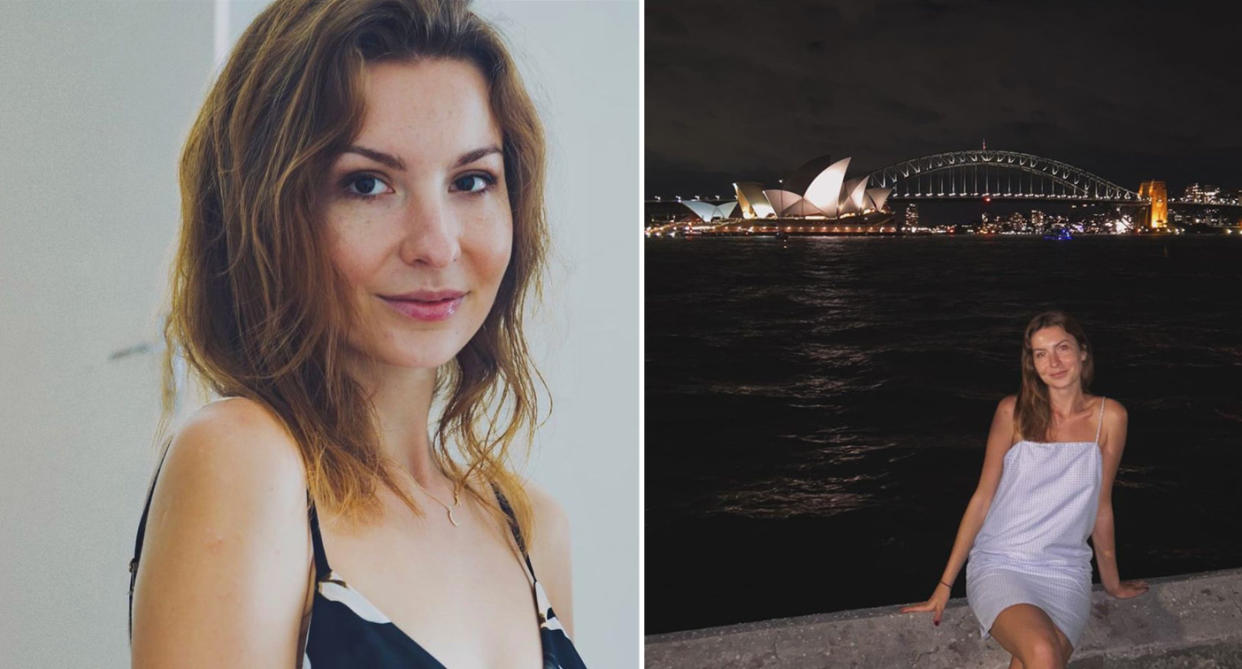 Marta (left) and posing in front of the Opera House and the Harbour Bridge (right).