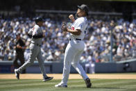 Los Angeles Dodgers relief pitcher Brusdar Graterol reacts after getting the third out during the sixth inning of a baseball game against the Cleveland Guardians in Los Angeles, Sunday, June 19, 2022. (AP Photo/Kyusung Gong)