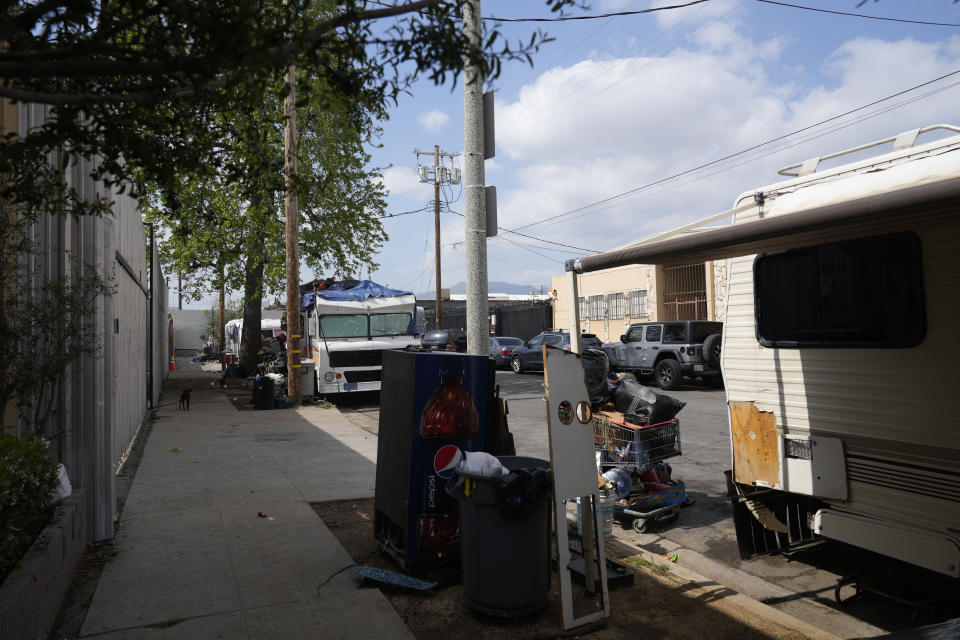 Exterior view of a property where Erik Hultstrom grew boutique cannabis buds, Friday, April 14, 2023, in Pacoima, Calif. Legal marijuana growers along the West Coast are struggling with oversupply, low prices and limited outlets for selling their product. (AP Photo/Marcio Jose Sanchez)