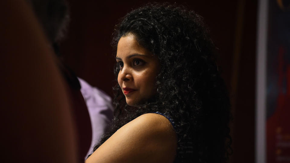 Rana Ayyub, a journalist and author, at the launch in New Delhi of her self-published book, 