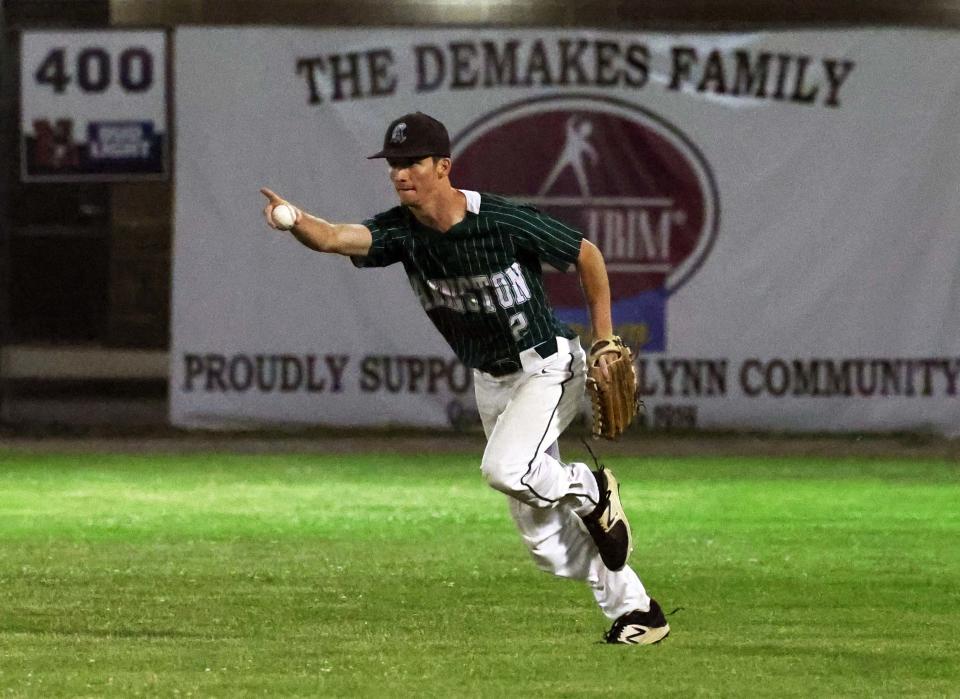 Abington outfielder Drew Donovan celebrates making a catch to send the game against Manchester-Essex into extra innings at Fraser Field in Lynn on Tuesday, June 14, 2022.